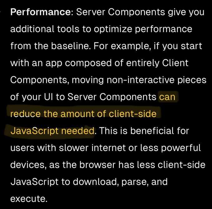 A newer snippet from Next.js website that says Server Components 'can reduce the amount of client-side JavaScript needed.'